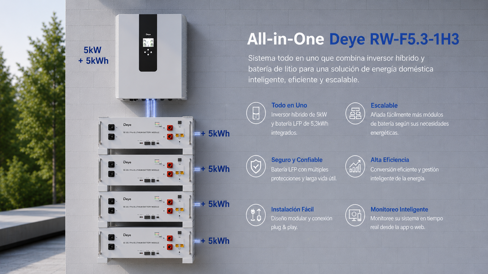 Deye RW-F5.3-1H3: el sistema All-in-One que simplifica el almacenamiento solar residencial 1 Sistema All-in-One Deye RW-F5.3-1H3 con inversor híbrido 5kW y batería LFP 5,3kWh integrados